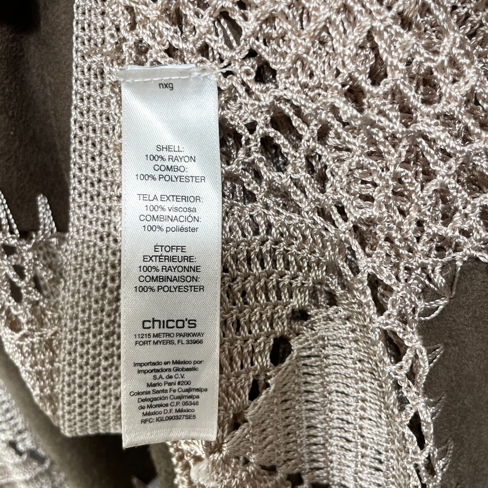 Chicos Crochet Size 3/XL Patchwork Cardigan Longline Faux Suede Beige Brown Boho - Picture 5 of 7